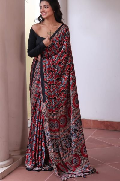 Red & Blue Ajrakh Modal Silk Saree (with Tassels)