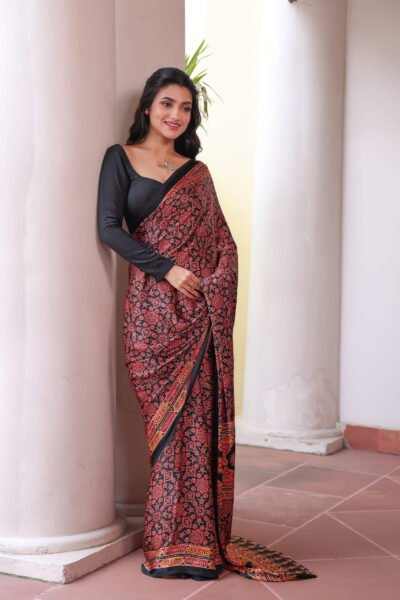 Red Black Ajrakh Modal Silk Saree