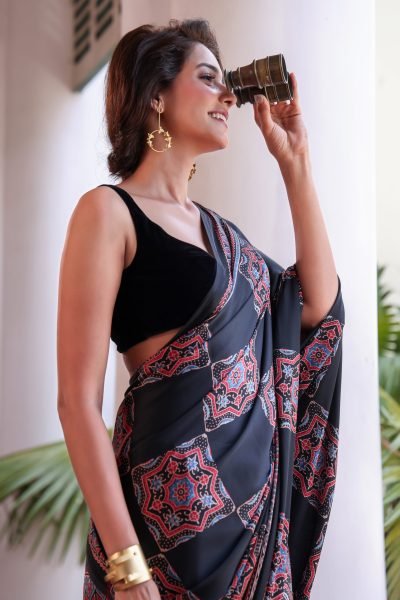 Red Black Squares Ajrakh Modal Silk Saree (with Tassels)