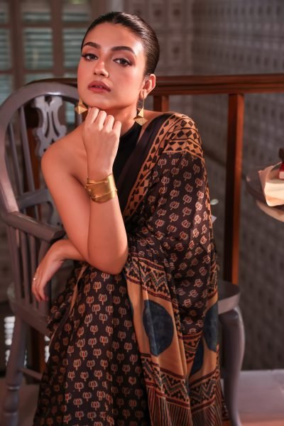Black Lotus Ajarak Silk Blend Saree (with Tassels)