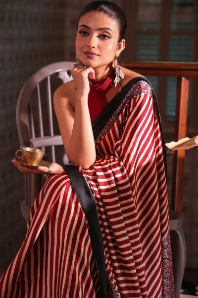 Red & White Strips Ajarakh Modal Silk Saree (with Tassels)