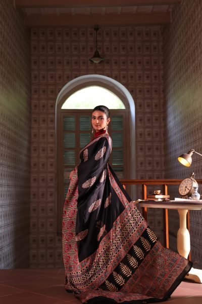 Black Floral Ajrakh Modal Silk Saree (with Tassels)