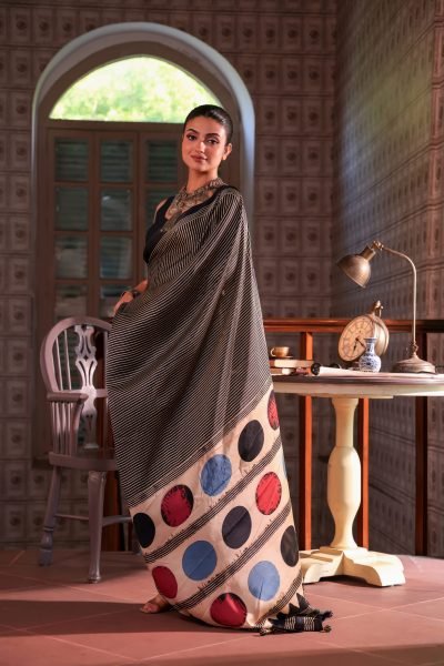 Black & White Strips Ajrakh Modal Silk Saree (with Tassels)