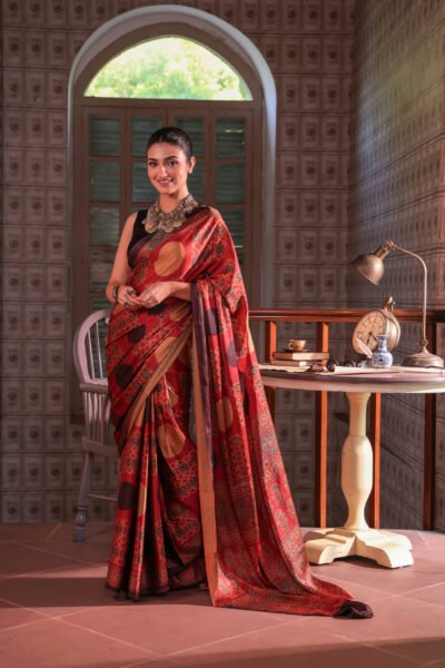 Maroon Circle Ajrakh Silk Blend Saree (with Tassels)