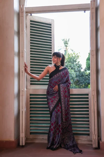 Purple Ajarak Modal Silk Saree (with Tassels)