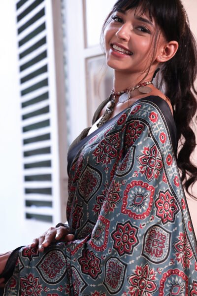 Blue Ajrakh Modal Silk Saree (with Tassels)