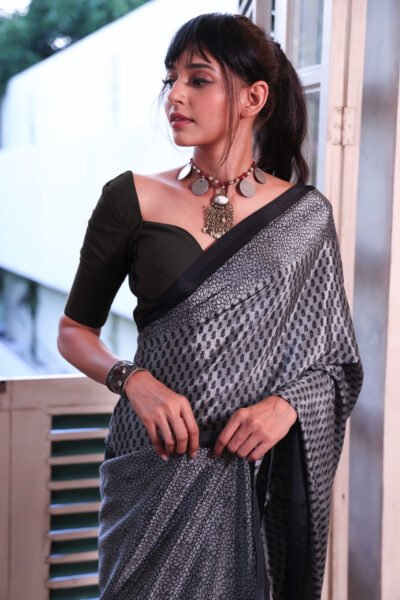 Grey Black Small Motif Turkey Ajrakh Silk Saree
