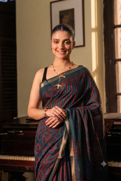 Deep Teal & Crimson Strip Ajrakh Kaju Silk Saree with Zari Border