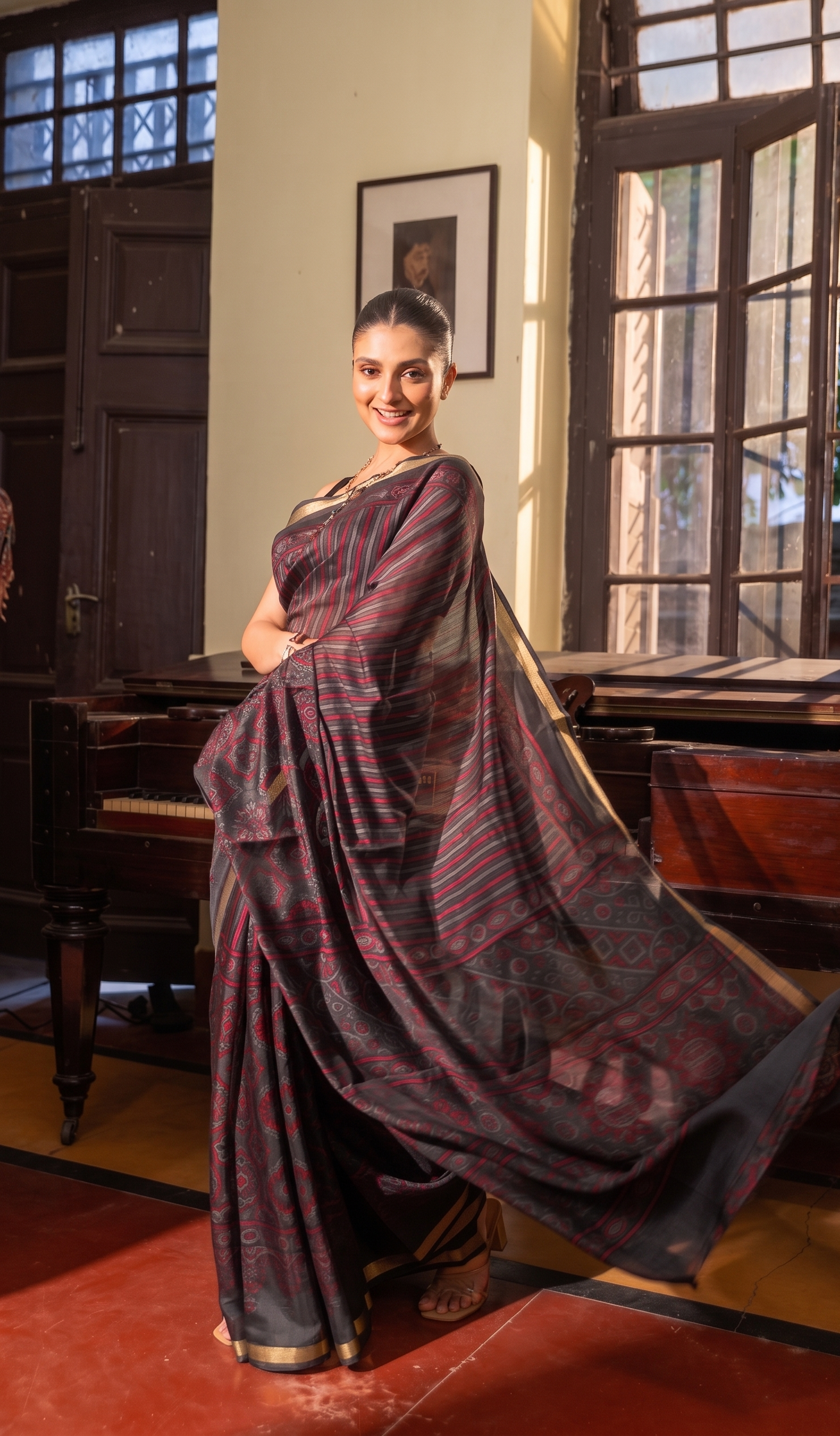 Midnight Black & Crimson Red Strip Ajrakh Kaju Silk Saree with Zari Border - Image 2