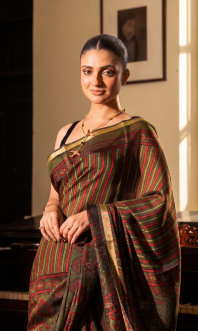 Earthy Green & Deep Red Strip Ajrakh Kaju Silk Saree with Zari Border