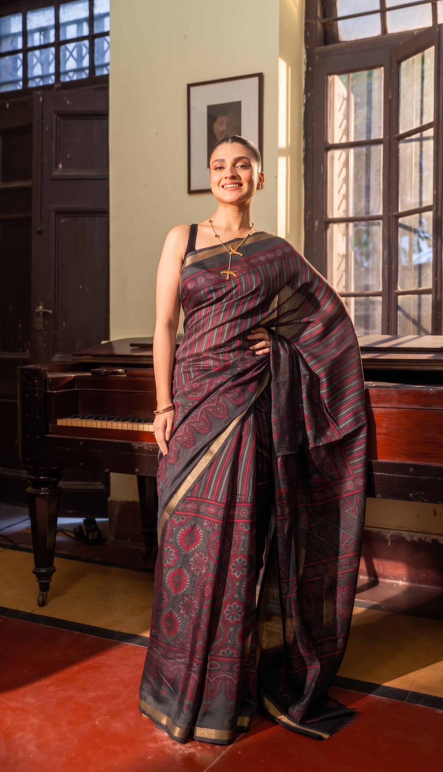 Midnight Black & Crimson Red Strip Ajrakh Kaju Silk Saree with Zari Border - Image 4
