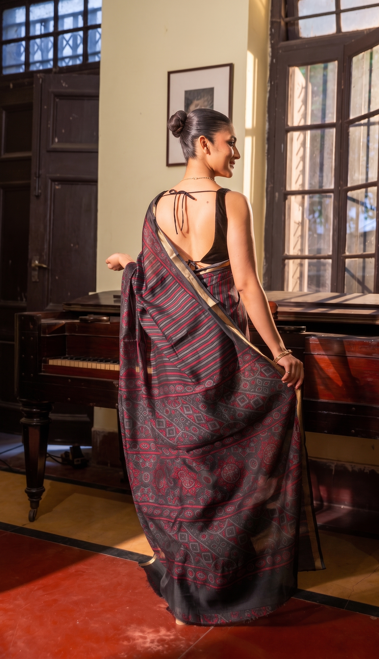 Midnight Black & Crimson Red Strip Ajrakh Kaju Silk Saree with Zari Border - Image 3