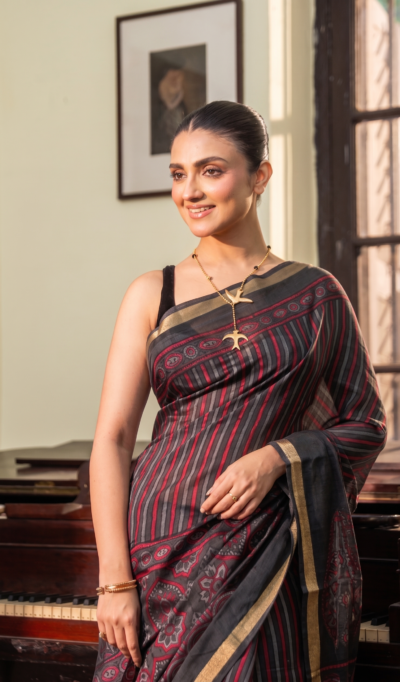 Midnight Black & Crimson Red Strip Ajrakh Kaju Silk Saree with Zari Border