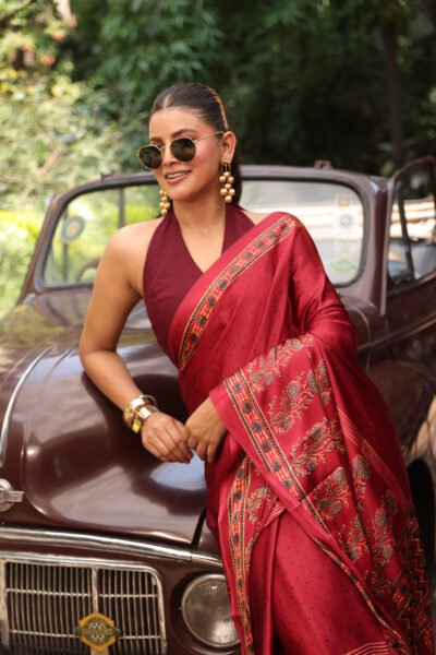 Reddish Maroon  dotted Ajrakh Modal Silk Saree