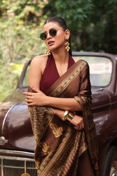 Brown dotted Ajrakh Modal Silk Saree