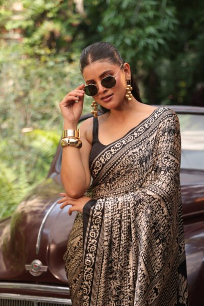 Off white Black Kalamkari Modal Silk Saree