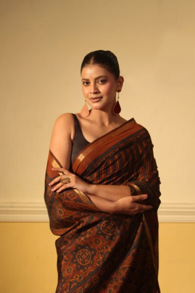 Earthy Rust & Indigo Ajrakh Kaju Silk Saree with Zari Border