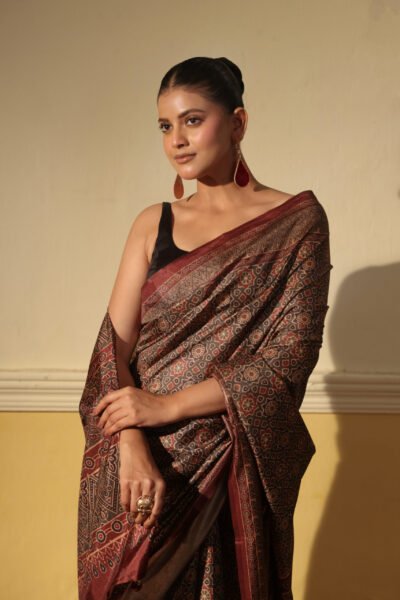 Sage Green Geometric Ajrakh Silk Blend Saree (with Tassels)