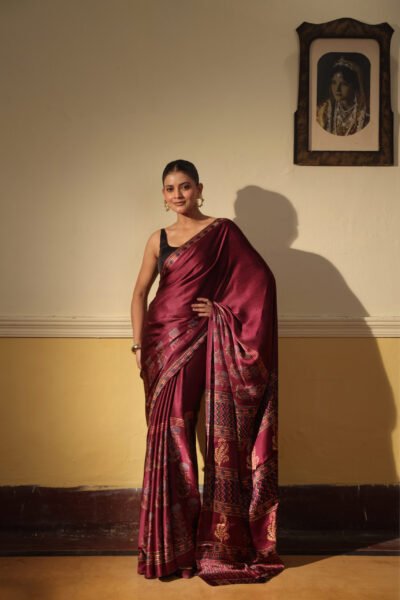 Wine dotted Ajrakh Modal Silk Saree