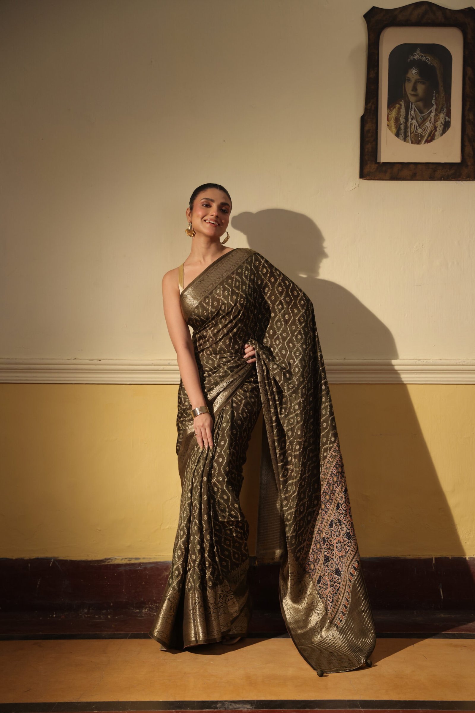 Mendhi green overall ajrakh maheshwari silk saree with brocade border & blouse with tassels - Image 2