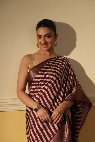 Wine stripes ajrakh maheshwari silk saree with brocade border & blouse with tassels