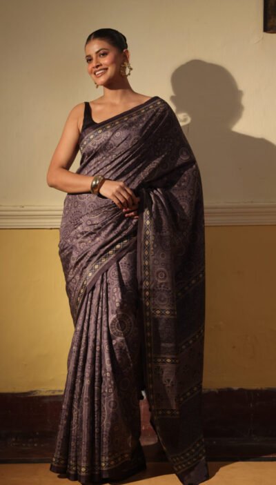 Deep Mauve Ajrakh Silk Blend Saree (with Tassels)