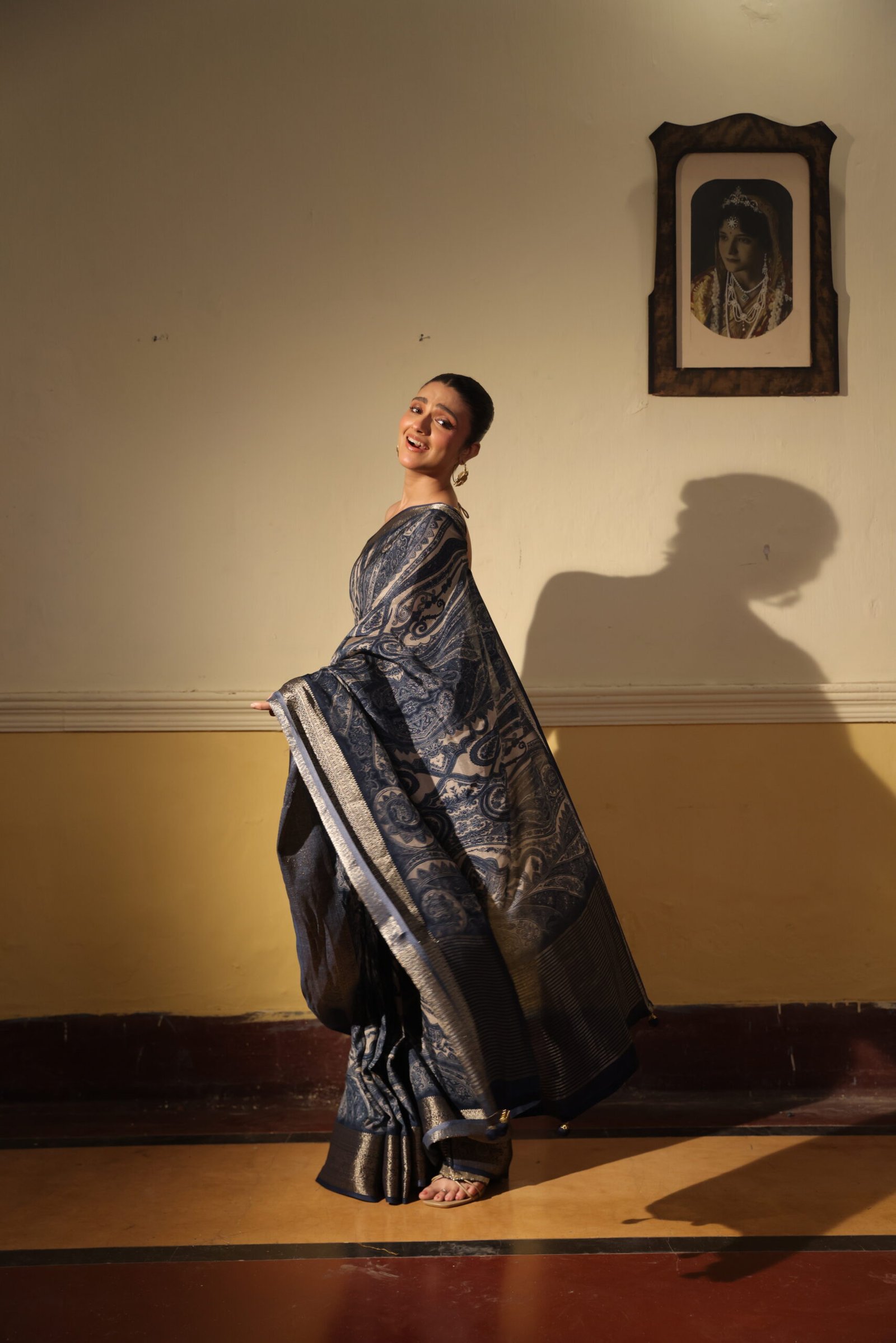 Indigo overall ajrakh maheshwari silk saree with brocade border & blouse with tassels - Image 4