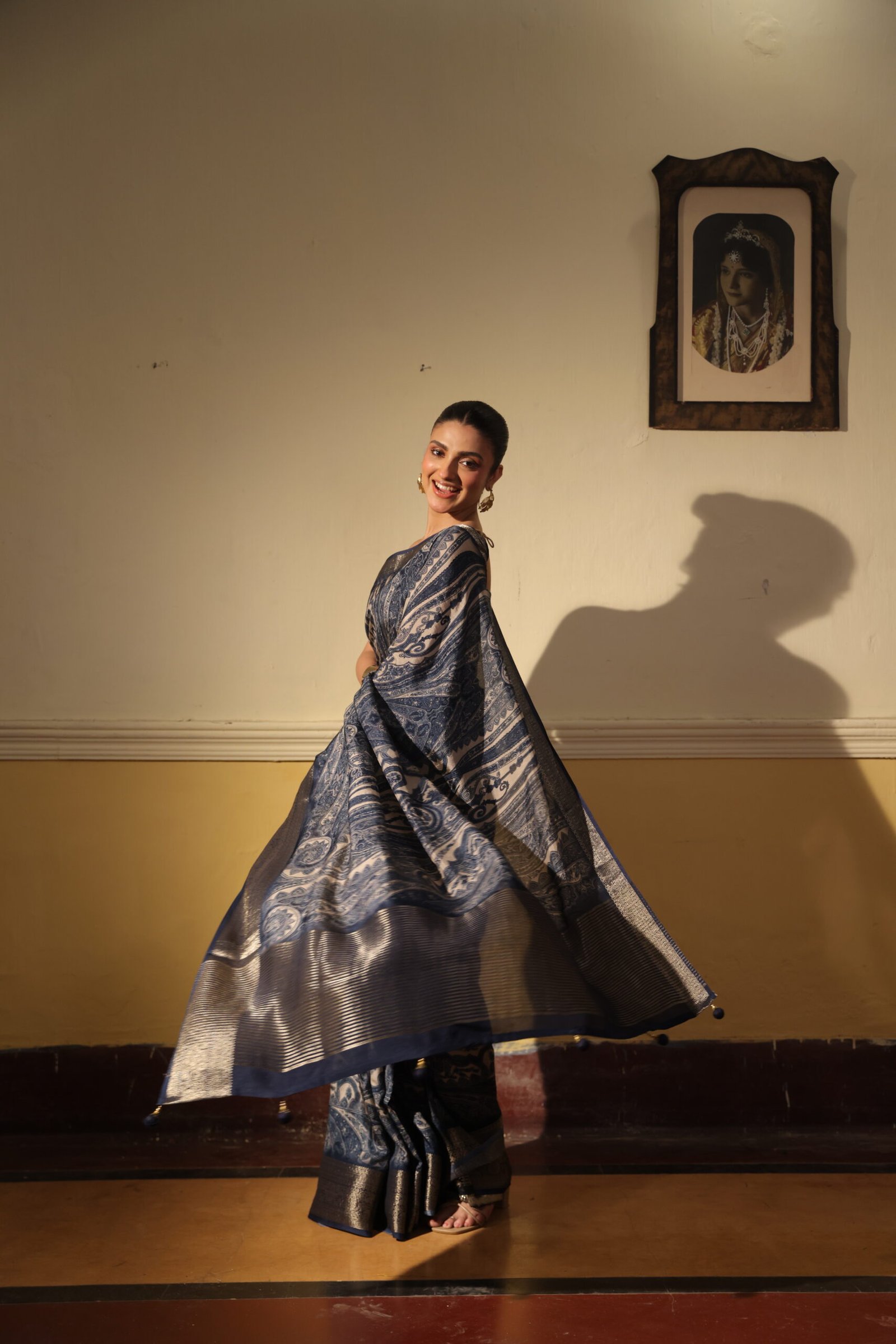 Indigo overall ajrakh maheshwari silk saree with brocade border & blouse with tassels - Image 5