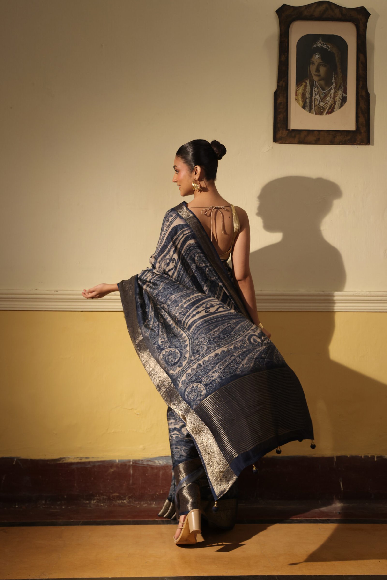 Indigo overall ajrakh maheshwari silk saree with brocade border & blouse with tassels - Image 3