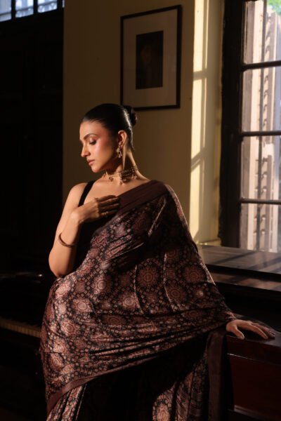 Black Rust floral Ajrakh Tapsi Silk Saree