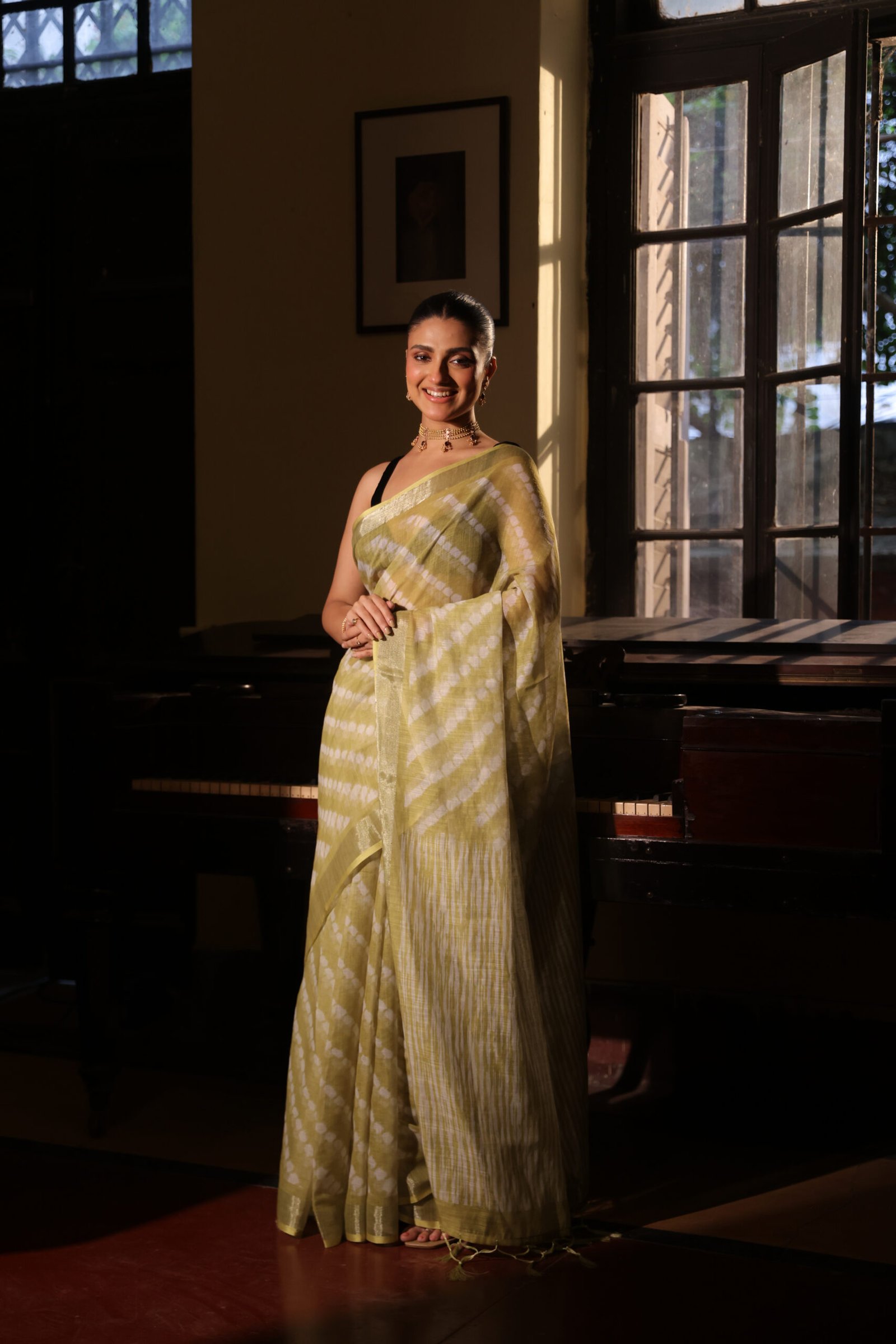 Lime green linen saree with white ajrakh print with tassels - Image 2