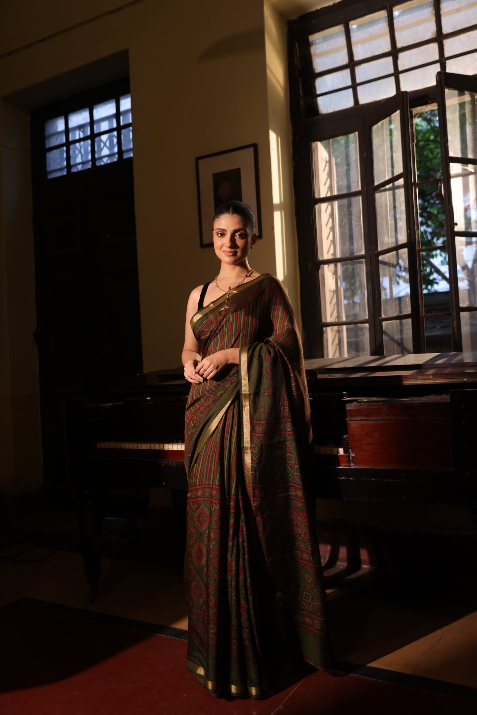 Earthy Green & Deep Red Strip Ajrakh Kaju Silk Saree with Zari Border - Image 4