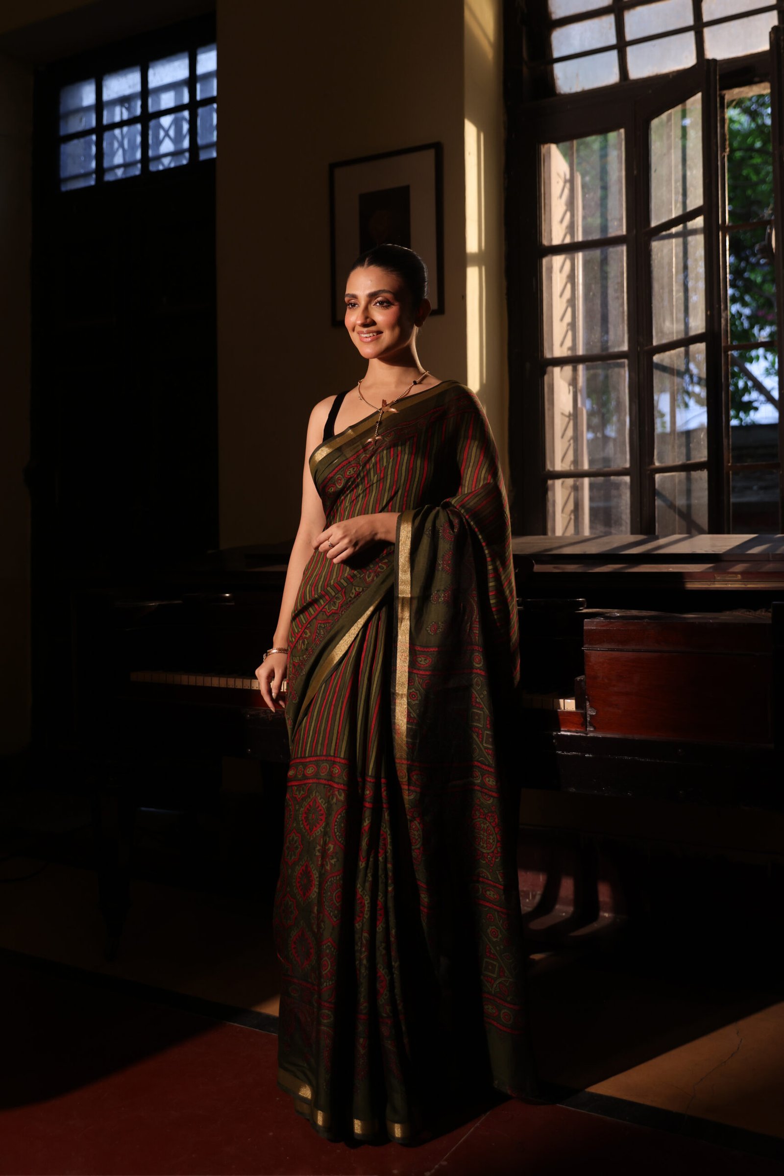 Earthy Green & Deep Red Strip Ajrakh Kaju Silk Saree with Zari Border - Image 2