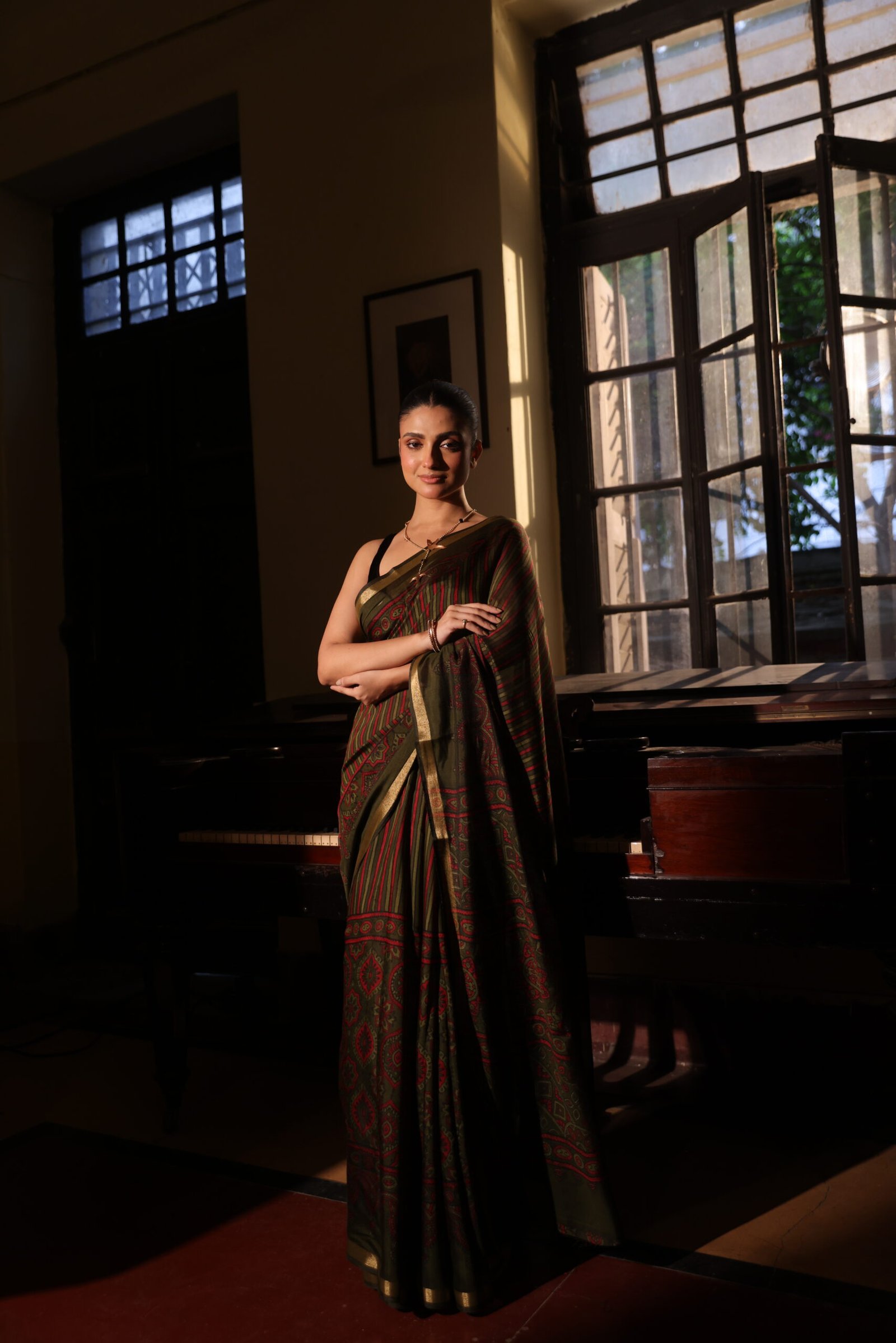 Earthy Green & Deep Red Strip Ajrakh Kaju Silk Saree with Zari Border - Image 5