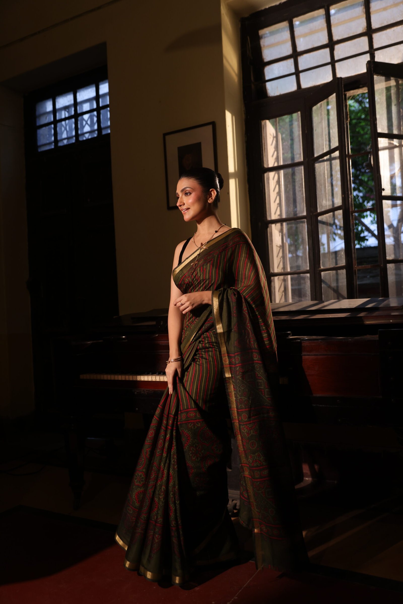 Earthy Green & Deep Red Strip Ajrakh Kaju Silk Saree with Zari Border - Image 6