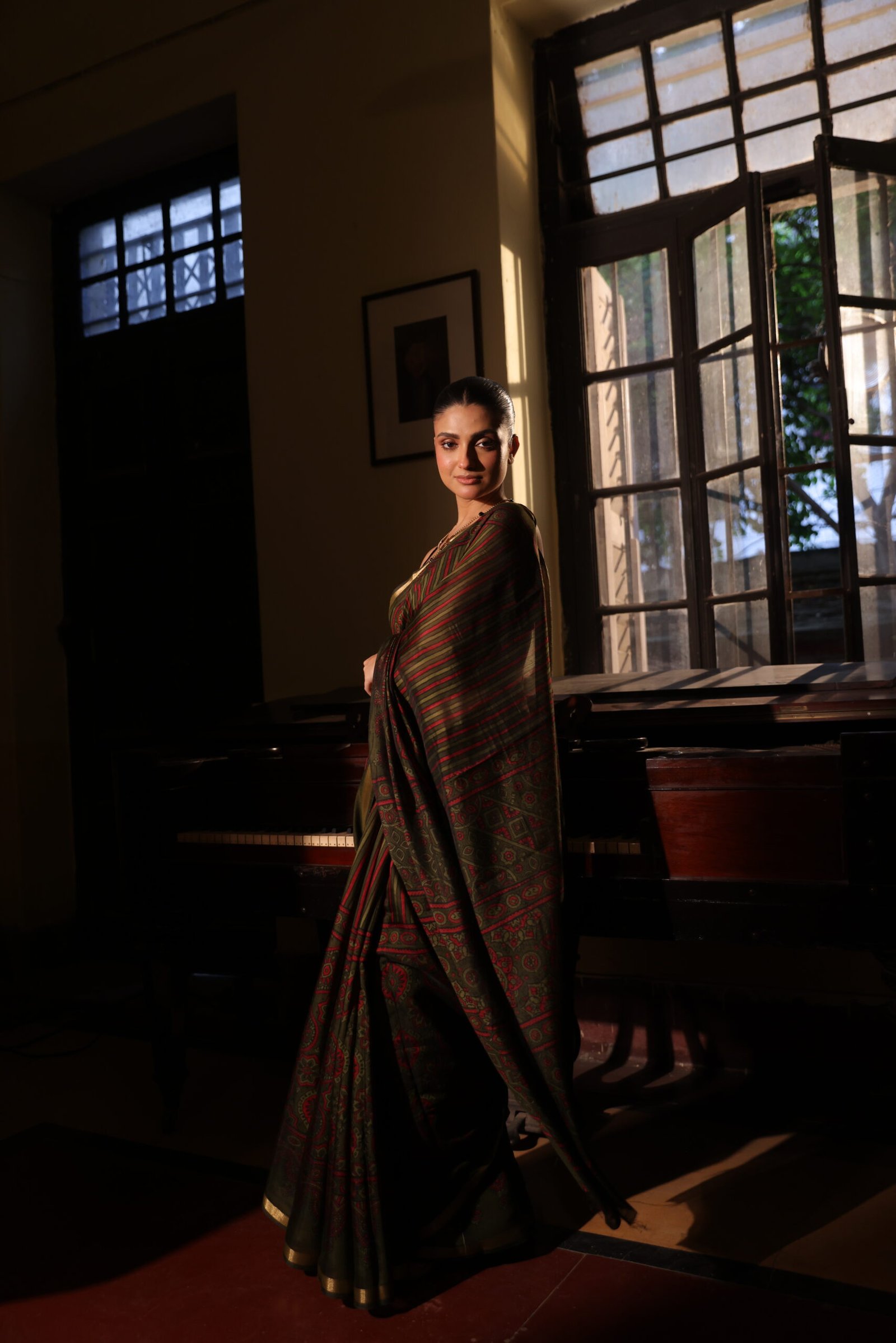 Earthy Green & Deep Red Strip Ajrakh Kaju Silk Saree with Zari Border - Image 7