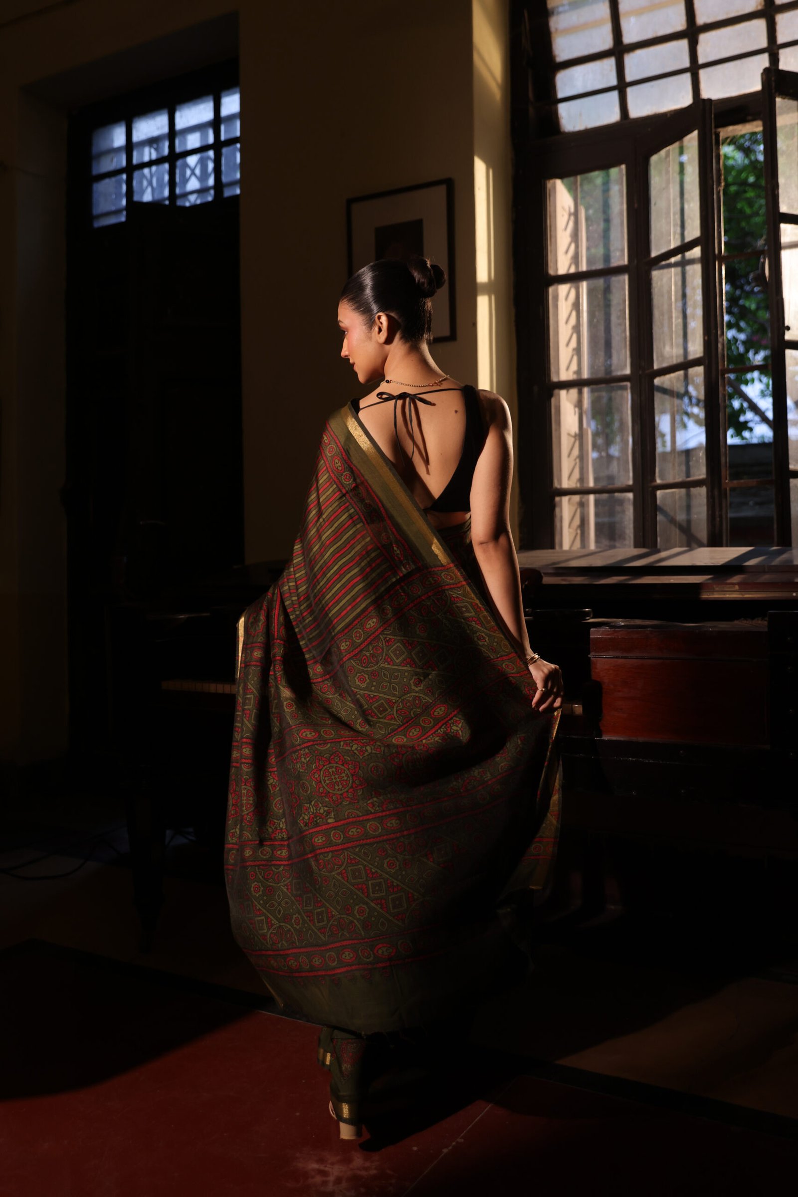 Earthy Green & Deep Red Strip Ajrakh Kaju Silk Saree with Zari Border - Image 3