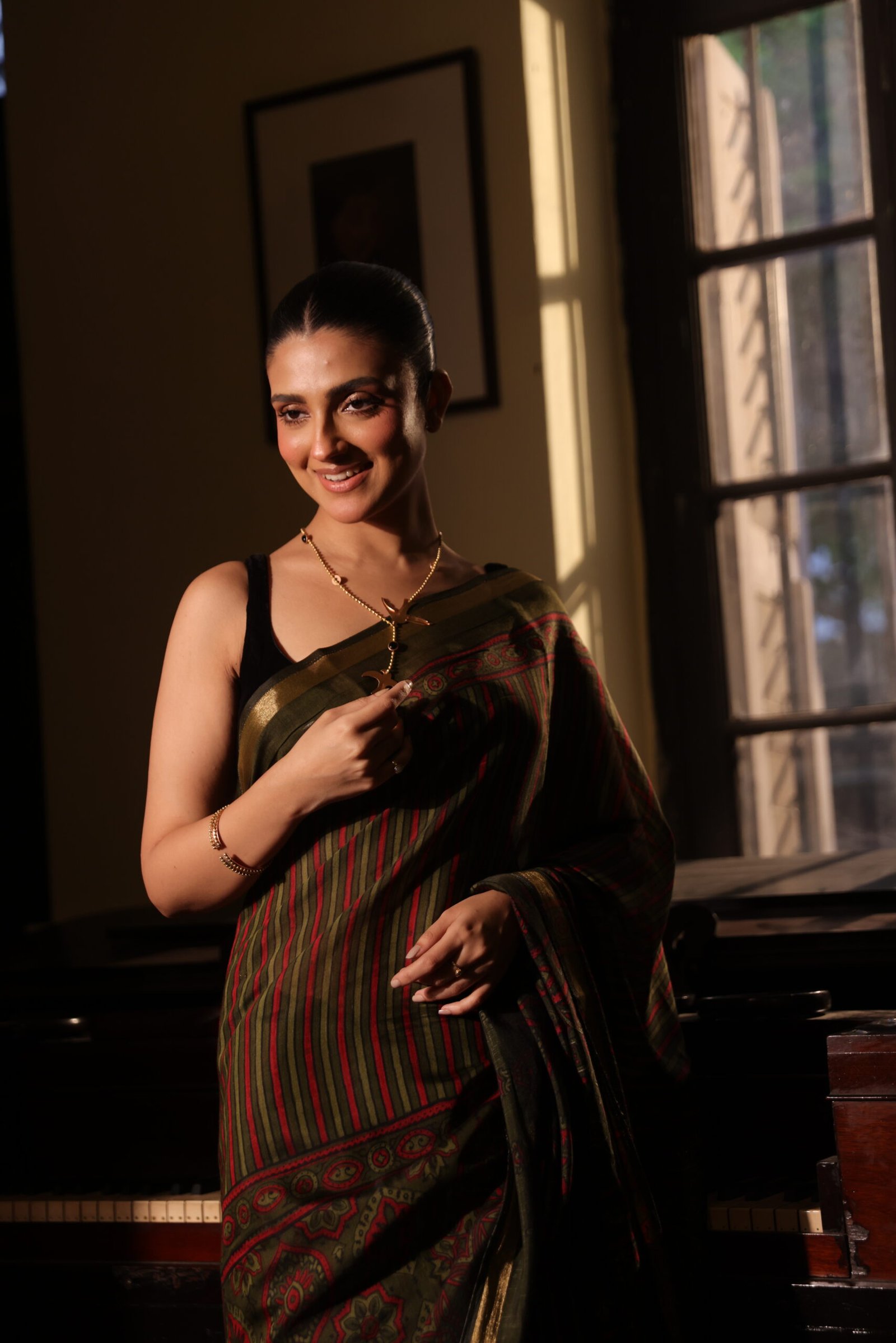 Earthy Green & Deep Red Strip Ajrakh Kaju Silk Saree with Zari Border - Image 8