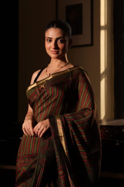 Earthy Green & Deep Red Strip Ajrakh Kaju Silk Saree with Zari Border