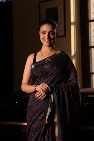 Deep Teal & Crimson Strip Ajrakh Kaju Silk Saree with Zari Border