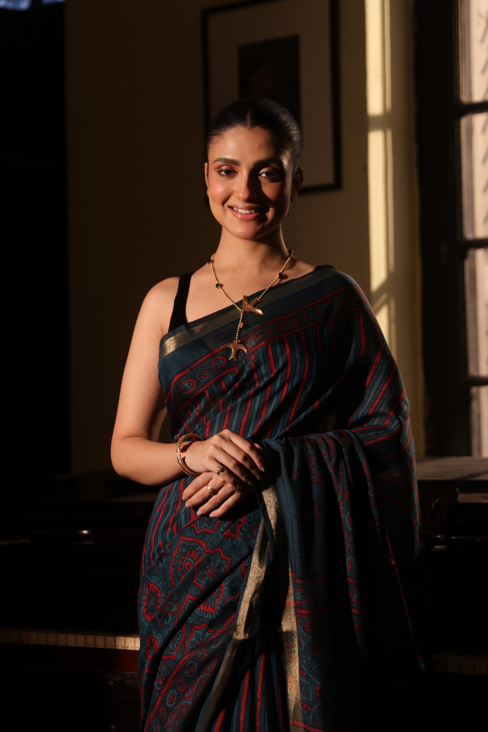 Deep Teal & Crimson Strip Ajrakh Kaju Silk Saree with Zari Border