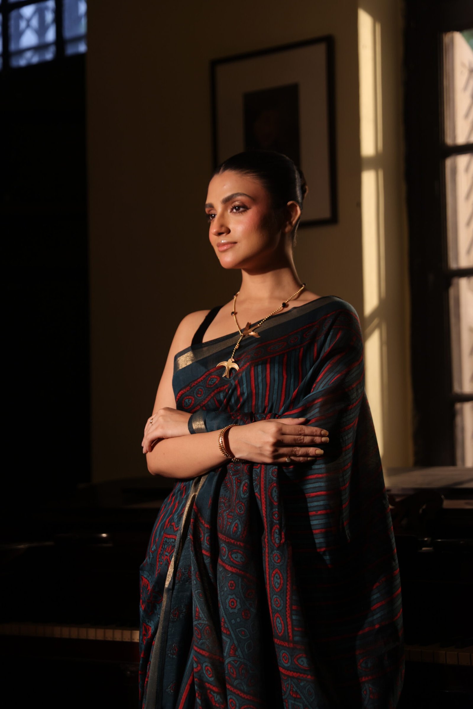 Deep Teal & Crimson Strip Ajrakh Kaju Silk Saree with Zari Border - Image 2