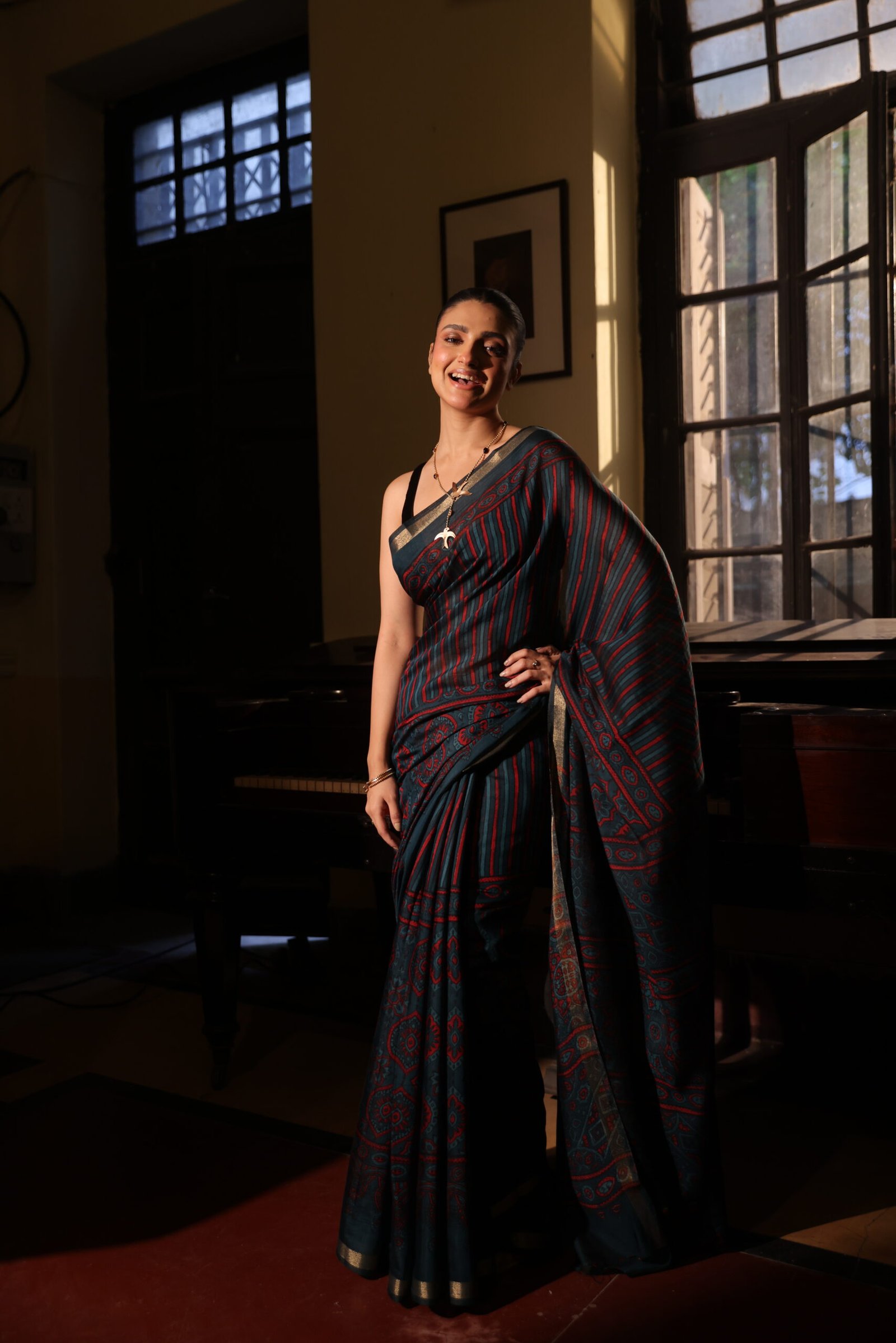 Deep Teal & Crimson Strip Ajrakh Kaju Silk Saree with Zari Border - Image 4