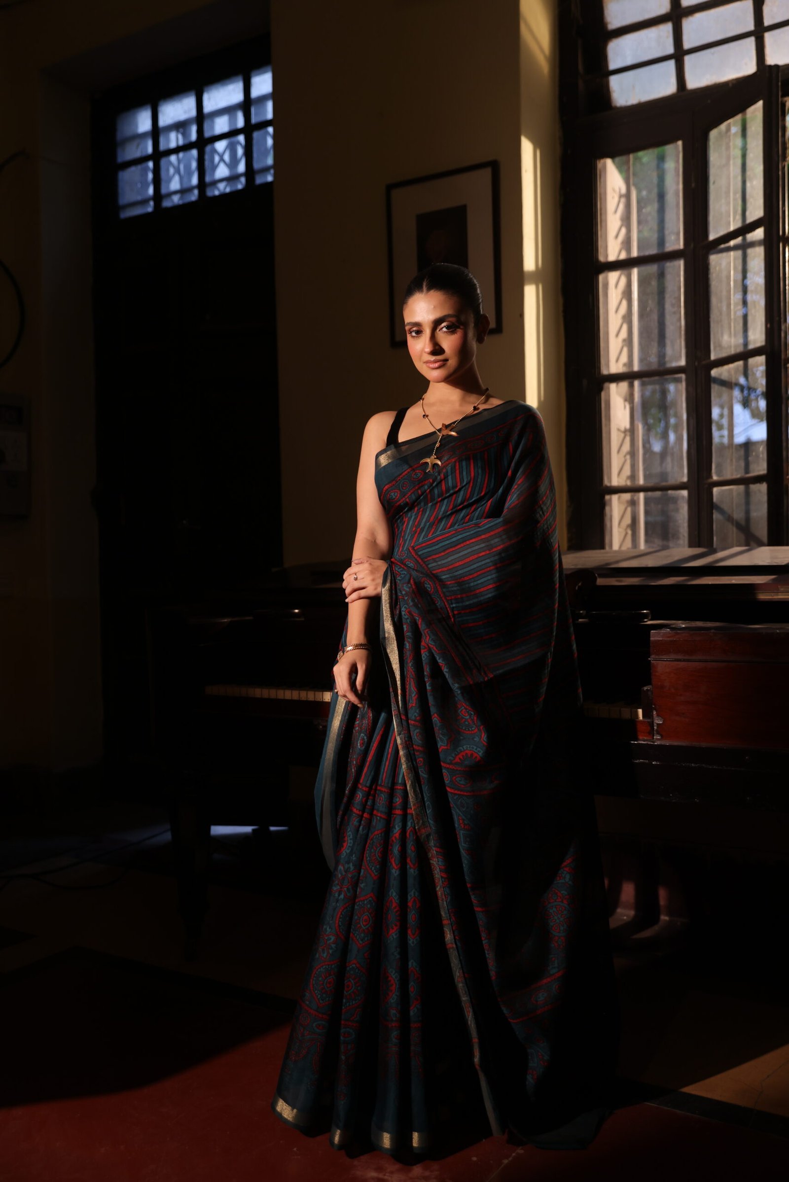 Deep Teal & Crimson Strip Ajrakh Kaju Silk Saree with Zari Border - Image 6