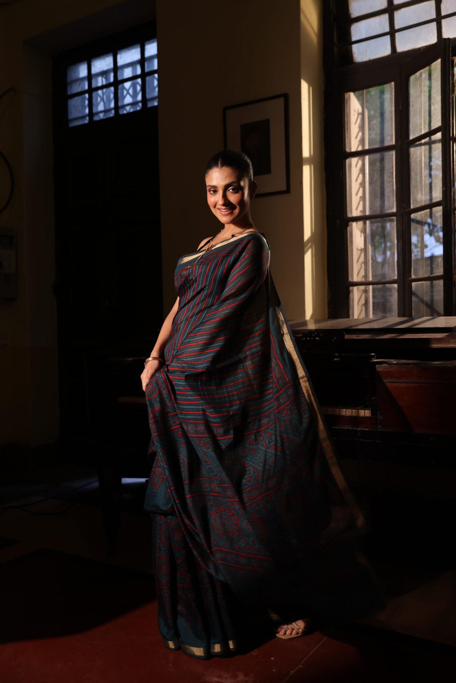 Deep Teal & Crimson Strip Ajrakh Kaju Silk Saree with Zari Border - Image 7