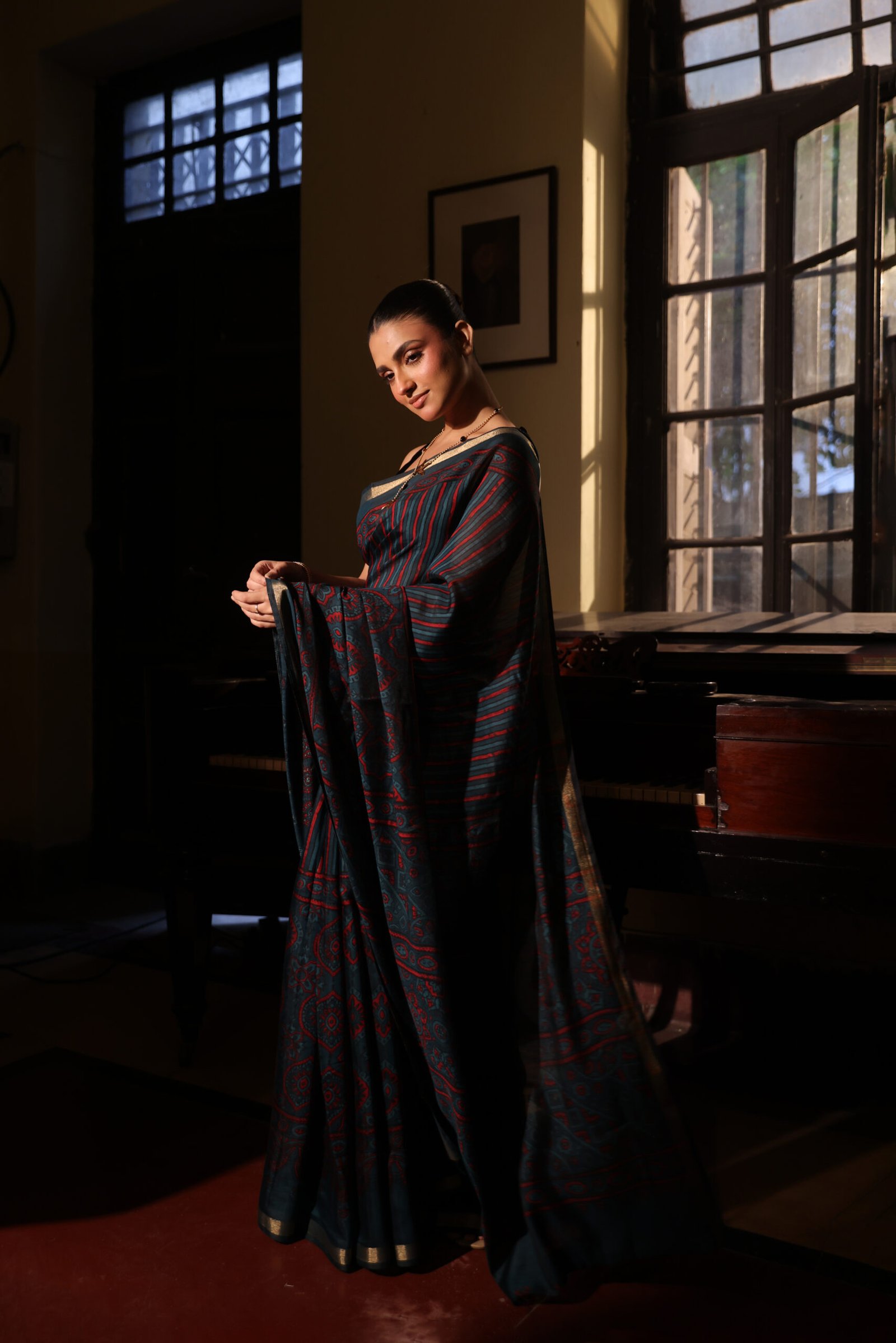 Deep Teal & Crimson Strip Ajrakh Kaju Silk Saree with Zari Border - Image 5