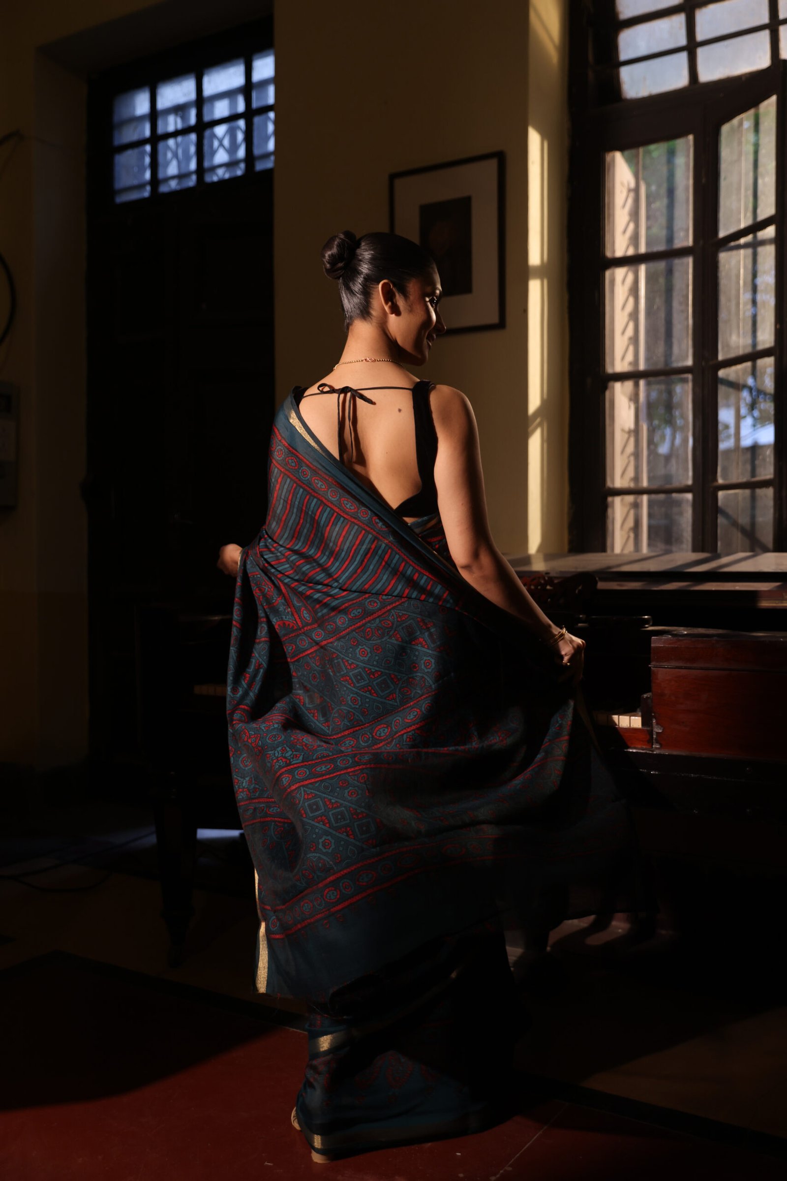 Deep Teal & Crimson Strip Ajrakh Kaju Silk Saree with Zari Border - Image 3