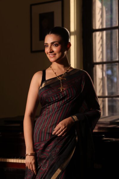 Midnight Black & Crimson Red Strip Ajrakh Kaju Silk Saree with Zari Border