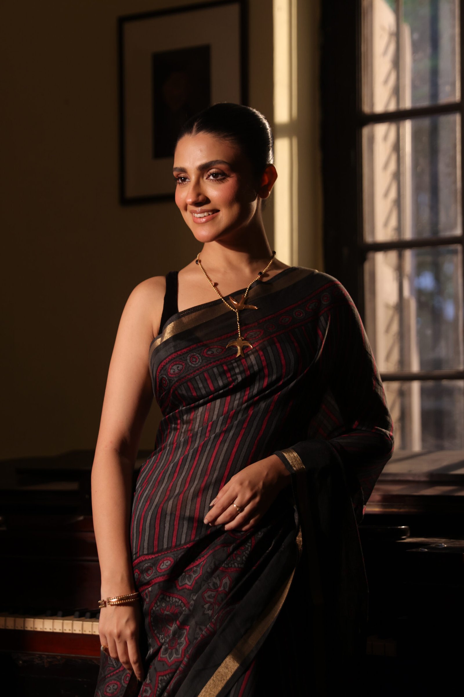 Midnight Black & Crimson Red Strip Ajrakh Kaju Silk Saree with Zari Border