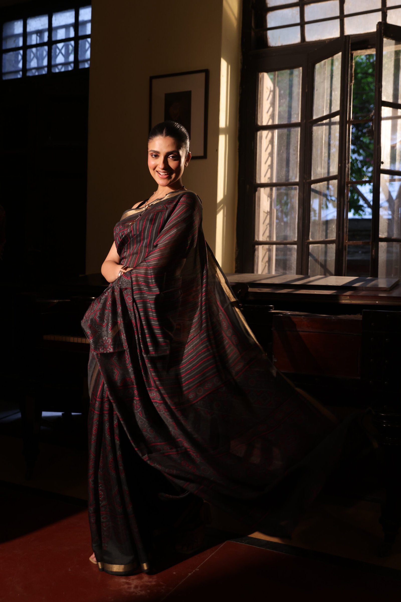 Midnight Black & Crimson Red Strip Ajrakh Kaju Silk Saree with Zari Border - Image 4